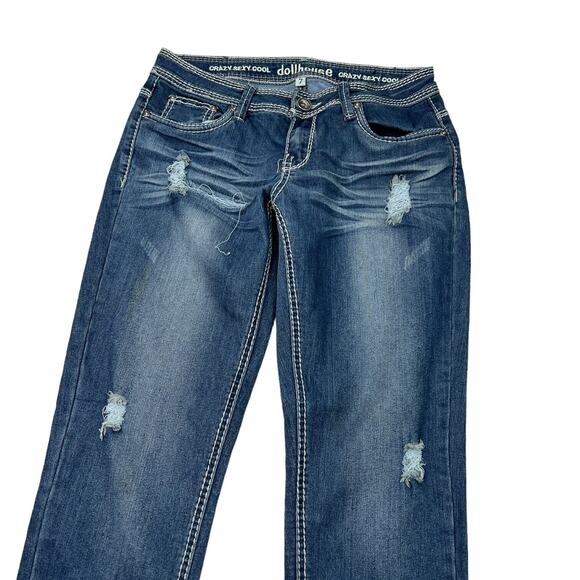 Dollhouse VTG Y2K Skinny Mid Rise Jeans Distressed Big Stitch Womens 7 Juniors - Picture 3 of 6